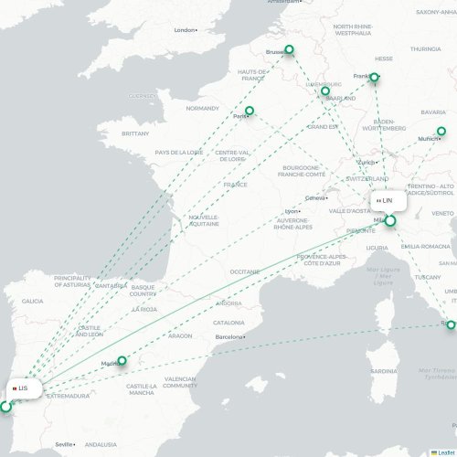 Lissabon - Milano karta över direktflyg
