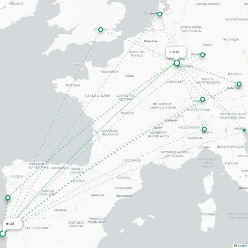 Mapa de vuelo directo Lisboa - Luxemburgo