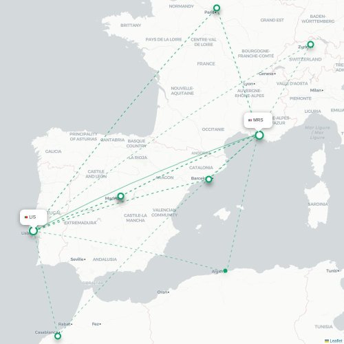 Mapa de vuelo directo Lisboa - Marsella