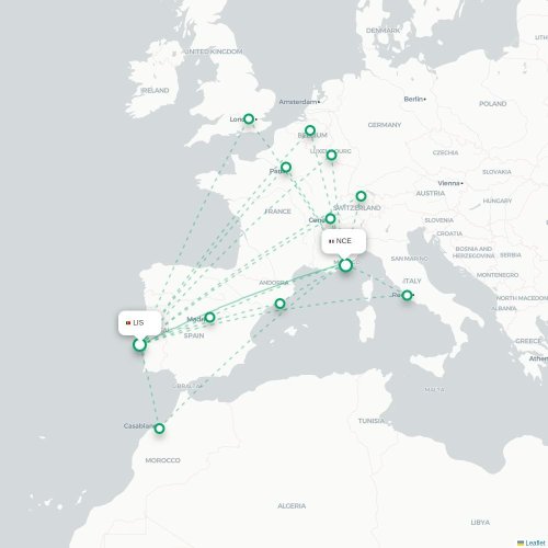 Mapa de vuelo directo Lisboa - Niza
