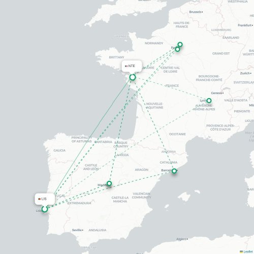 Mapa de vuelo directo Lisboa - Nantes