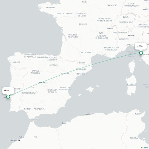 Mapa lotu bezpośredniego Lizbona – Piza