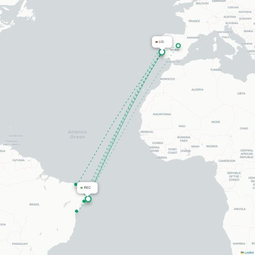 Mapa lotu bezpośredniego Lizbona – Recife