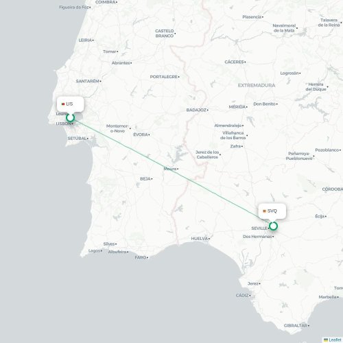 Mapa de vuelo directo Lisboa - Sevilla