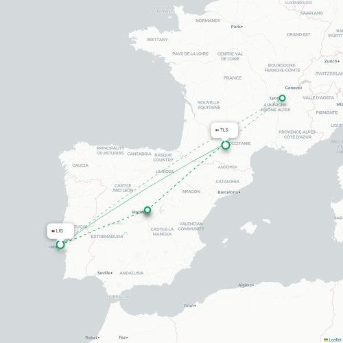 Mapa de vuelo directo Lisboa - Toulouse