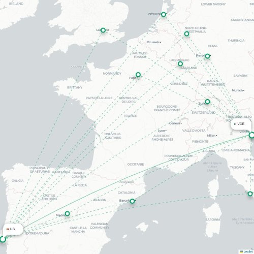 Mapa lotu bezpośredniego Lizbona – Wenecja