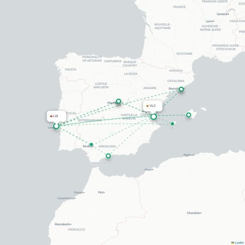 Mapa de vuelo directo Lisboa - Valencia
