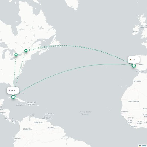 Mapa lotu bezpośredniego Lizbona – Varadero