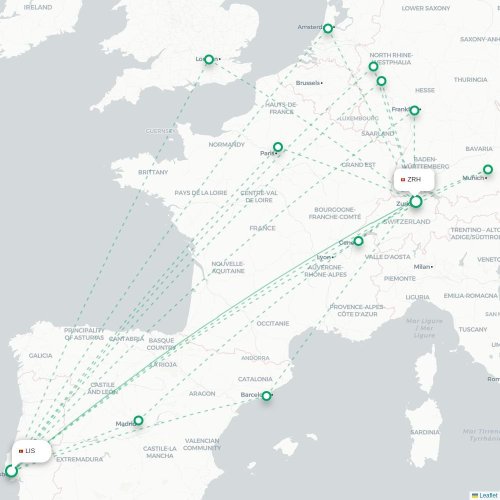 Mapa de vuelo directo Lisboa - Zúrich