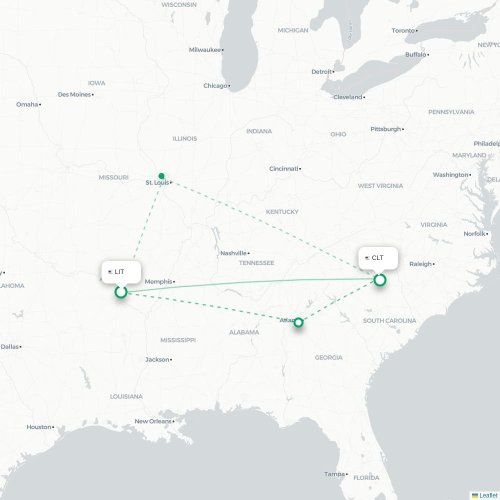 Mapa de vuelo directo Little Rock - Charlotte