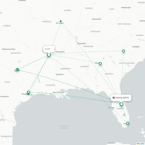 Mapa de vuelo directo Little Rock - Orlando
