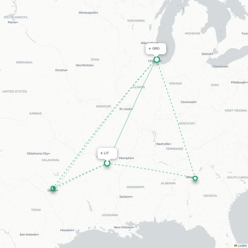 Mapa de vuelo directo Little Rock - Chicago