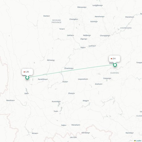 Mapa lotu bezpośredniego Lijiang – Zunyi