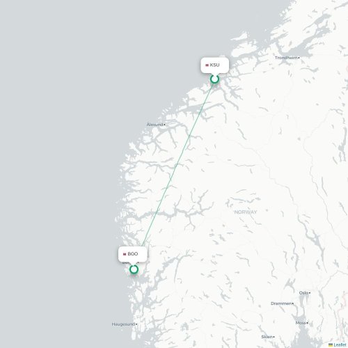 Mapa de vuelo directo Leknes - Bergen