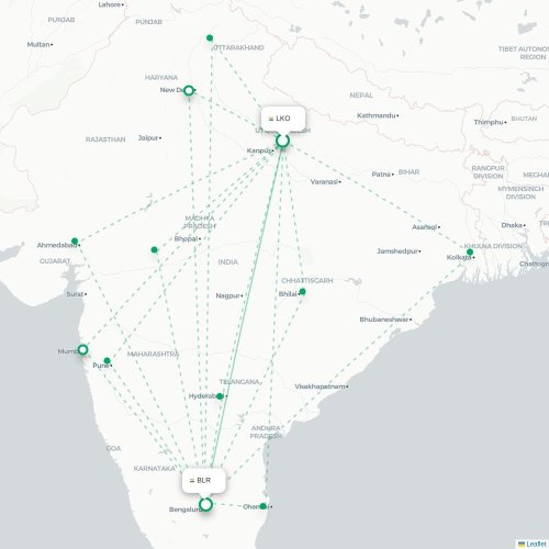 Lucknow - Bangalore kort over direkte fly