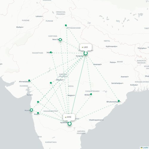 Lucknow - Hyderabad kort over direkte fly