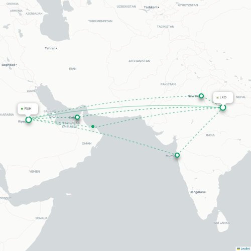Mapa de vuelo directo Lucknow - Riad