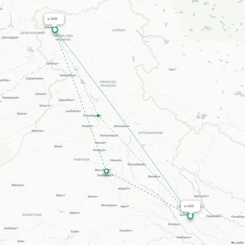 Mapa de vuelo directo Lucknow - Srinagar