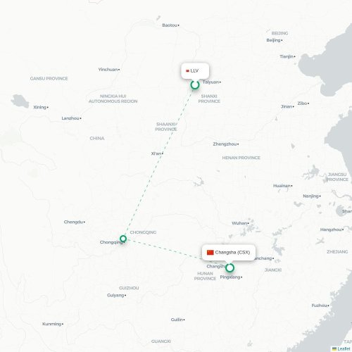 Mapa lotu bezpośredniego Lüliang – Changsha