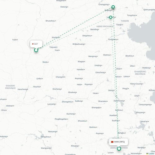 Mapa lotu bezpośredniego Lüliang – Hefei