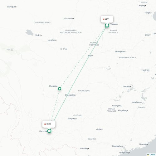 Mapa lotu bezpośredniego Lüliang – Kunming