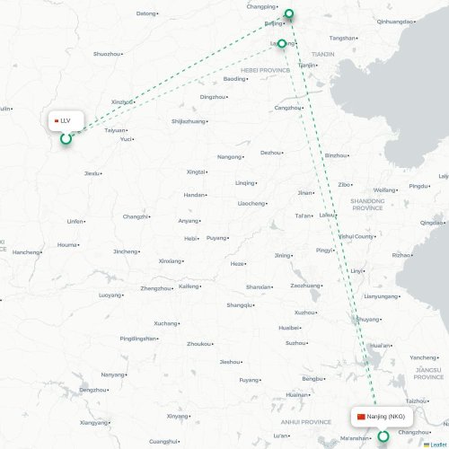 Mapa lotu bezpośredniego Lüliang – Nankin