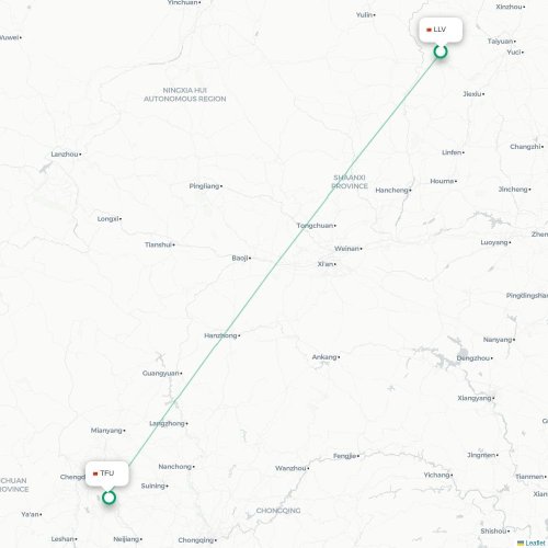 Mapa lotu bezpośredniego Lüliang – Chengdu