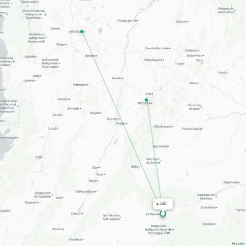 La Macarena - Medellín kort over direkte fly