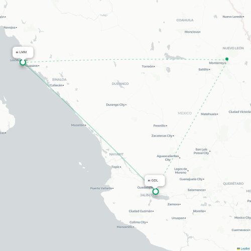 Los Mochis - Guadalajara karta över direktflyg