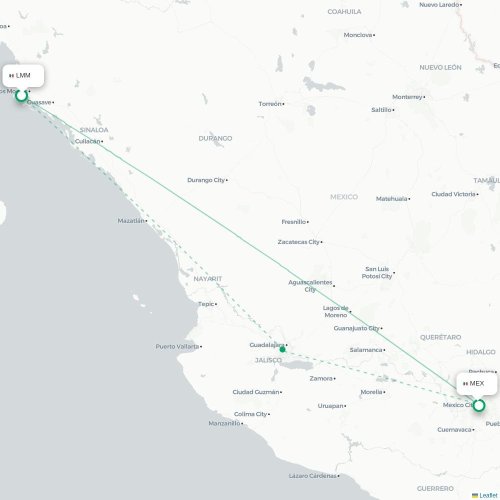 Los Mochis - Mexico City karta över direktflyg