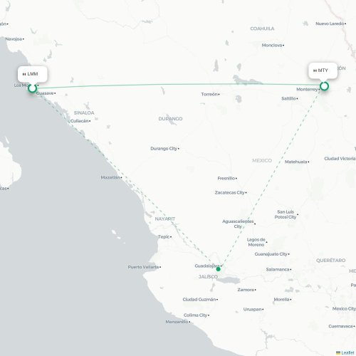 Los Mochis - Monterrey karta över direktflyg