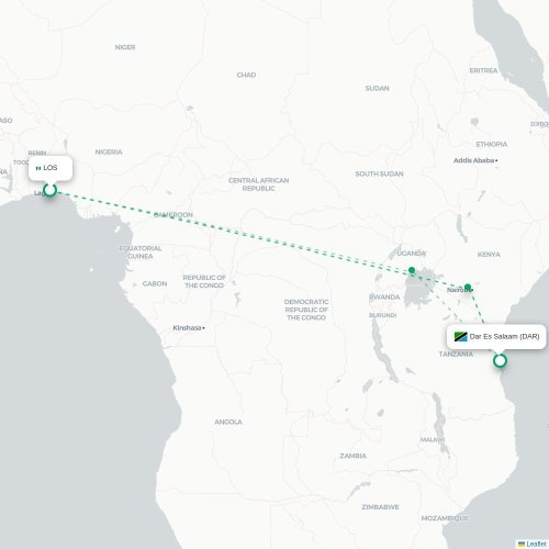 Mapa de vuelo directo Lagos - Dar es Salaam
