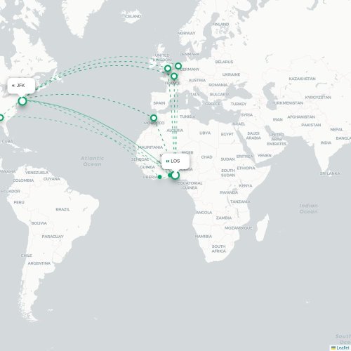 Mapa de vuelo directo Lagos - Nueva York