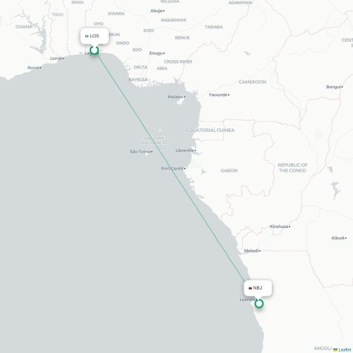 Mapa de vuelo directo Lagos - Luanda