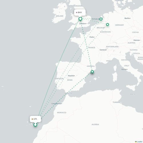 Mapa de vuelo directo Las Palmas de Gran Canaria - Birmingham