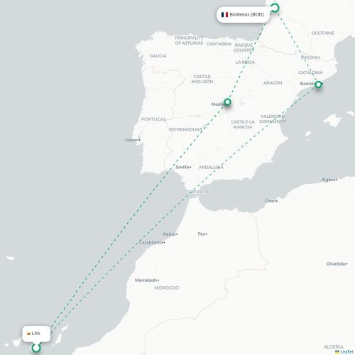 Mapa de vuelo directo Las Palmas de Gran Canaria - Burdeos