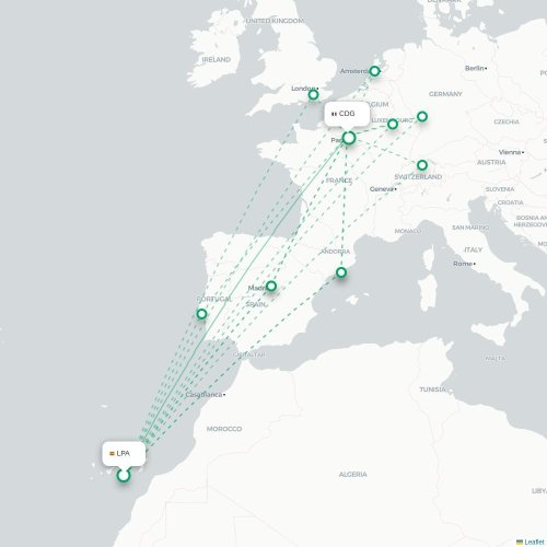 Mapa de vuelo directo Las Palmas de Gran Canaria - París