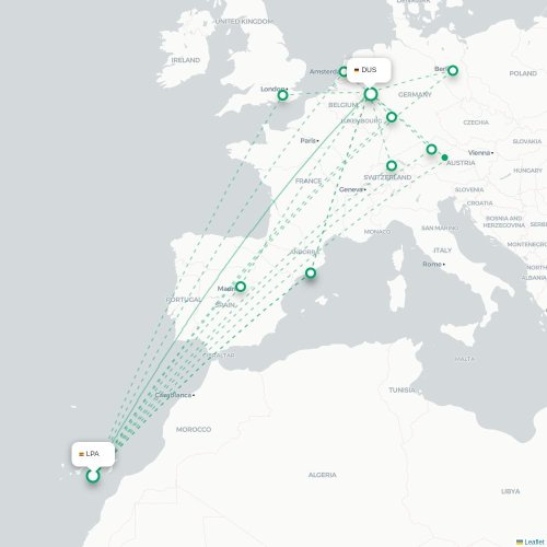 Mapa de vuelo directo Las Palmas de Gran Canaria - Düsseldorf