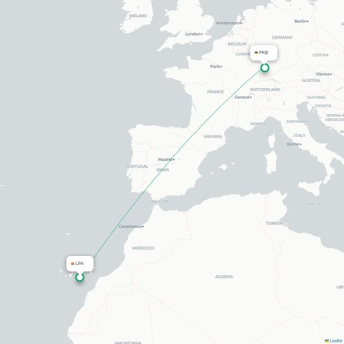 Mapa de vuelo directo Las Palmas de Gran Canaria - Karlsruhe