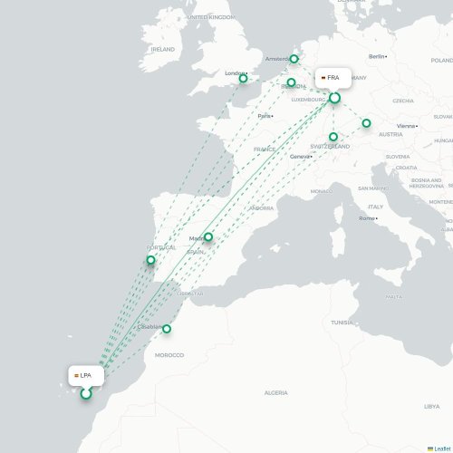 Mapa de vuelo directo Las Palmas de Gran Canaria - Fráncfort