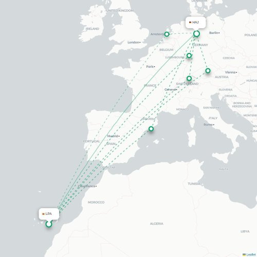 Mapa de vuelo directo Las Palmas de Gran Canaria - Hannover