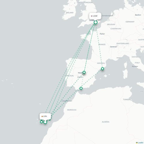 Mapa de vuelo directo Las Palmas de Gran Canaria - Londres