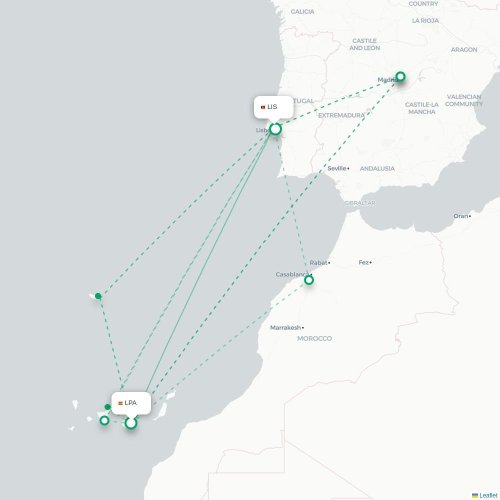 Mapa de vuelo directo Las Palmas de Gran Canaria - Lisboa