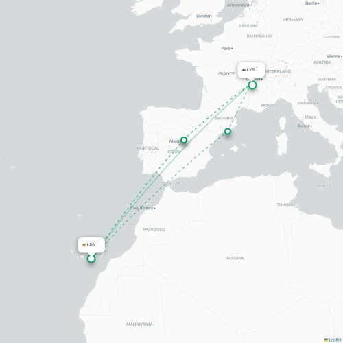 Mapa de vuelo directo Las Palmas de Gran Canaria - Lyon