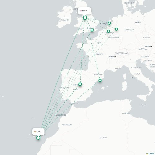 Mapa de vuelo directo Las Palmas de Gran Canaria - Mánchester