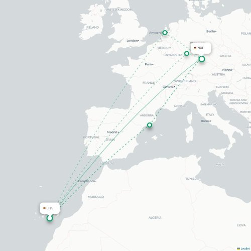 Las Palmas de Gran Canaria - Nürnberg kort over direkte fly
