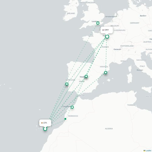 Mapa de vuelo directo Las Palmas de Gran Canaria - París