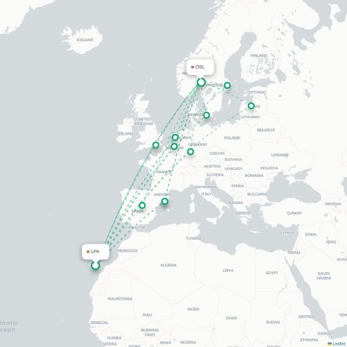 Mapa de vuelo directo Las Palmas de Gran Canaria - Oslo