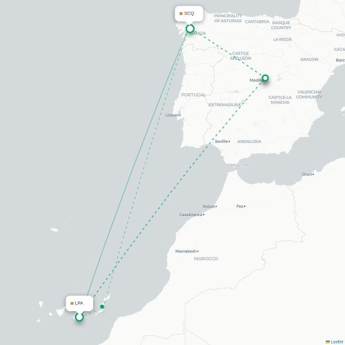 Mapa de vuelo directo Las Palmas de Gran Canaria - Santiago de Compostela