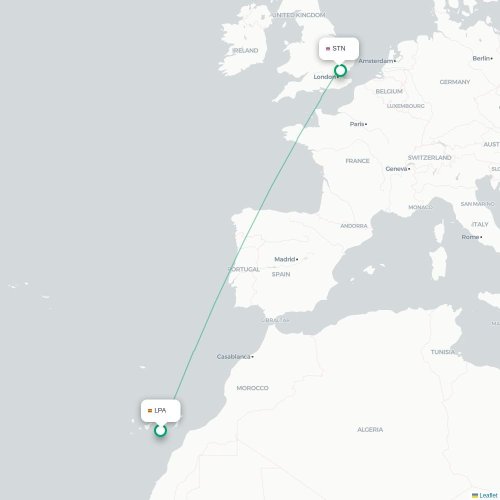 Mapa de vuelo directo Las Palmas de Gran Canaria - Londres